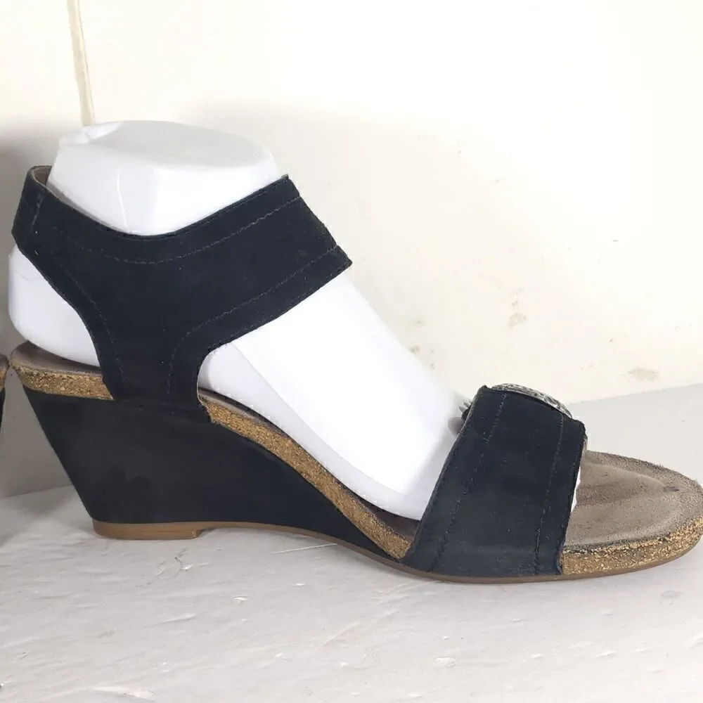 Mephisto Women's Jackie 40 US9-9,5 Black Leather Cork Embellished Wedge Sandals